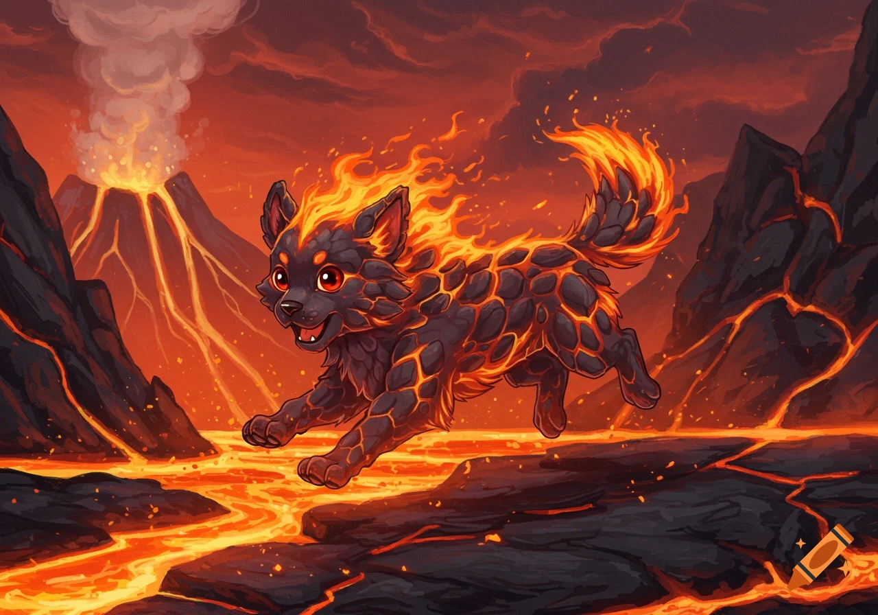 A cartoon lava puppy with glowing cracks and fire on its back runs over a dark lava flow, with erupting volcanoes in the background under a fiery sky.