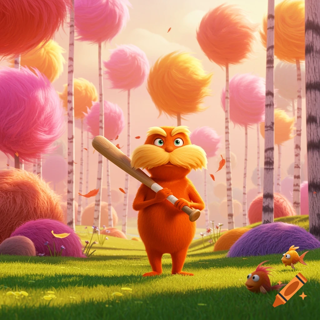 The Lorax, an orange, mustachioed creature, stands in a vibrant, colorful forest holding a baseball bat, with fluffy Truffula trees and small fish around him.