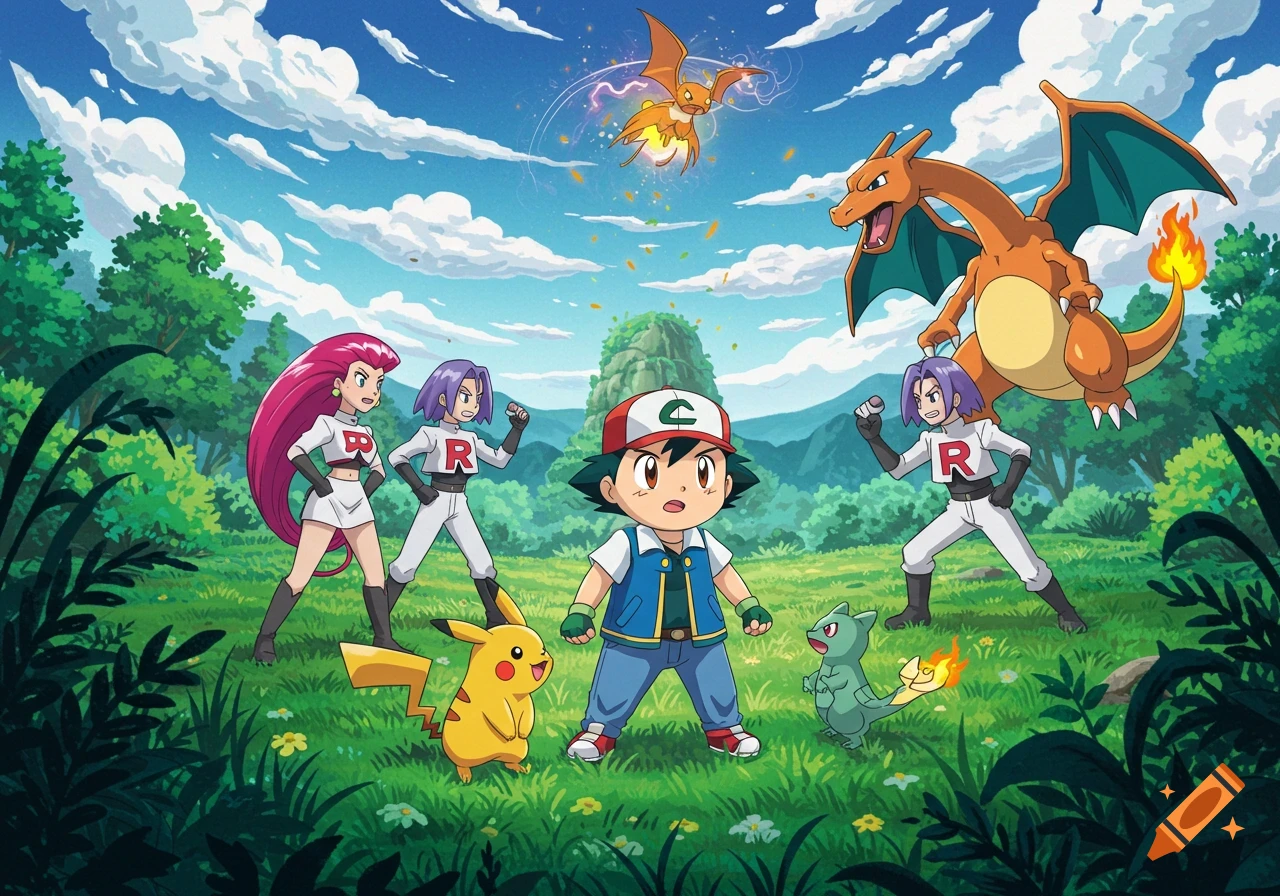 Ash Ketchum and Pikachu face off against Jessie and James of Team Rocket with Charizard in a vibrant, cartoon-style outdoor battle scene.