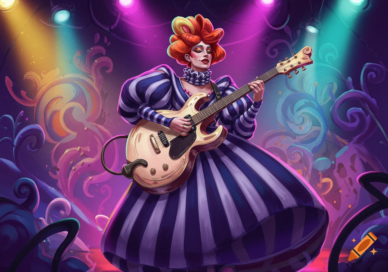 A woman with flamboyant red hair and a striped dress plays a guitar on a vibrant, purple-lit stage with swirling fantasy elements.
