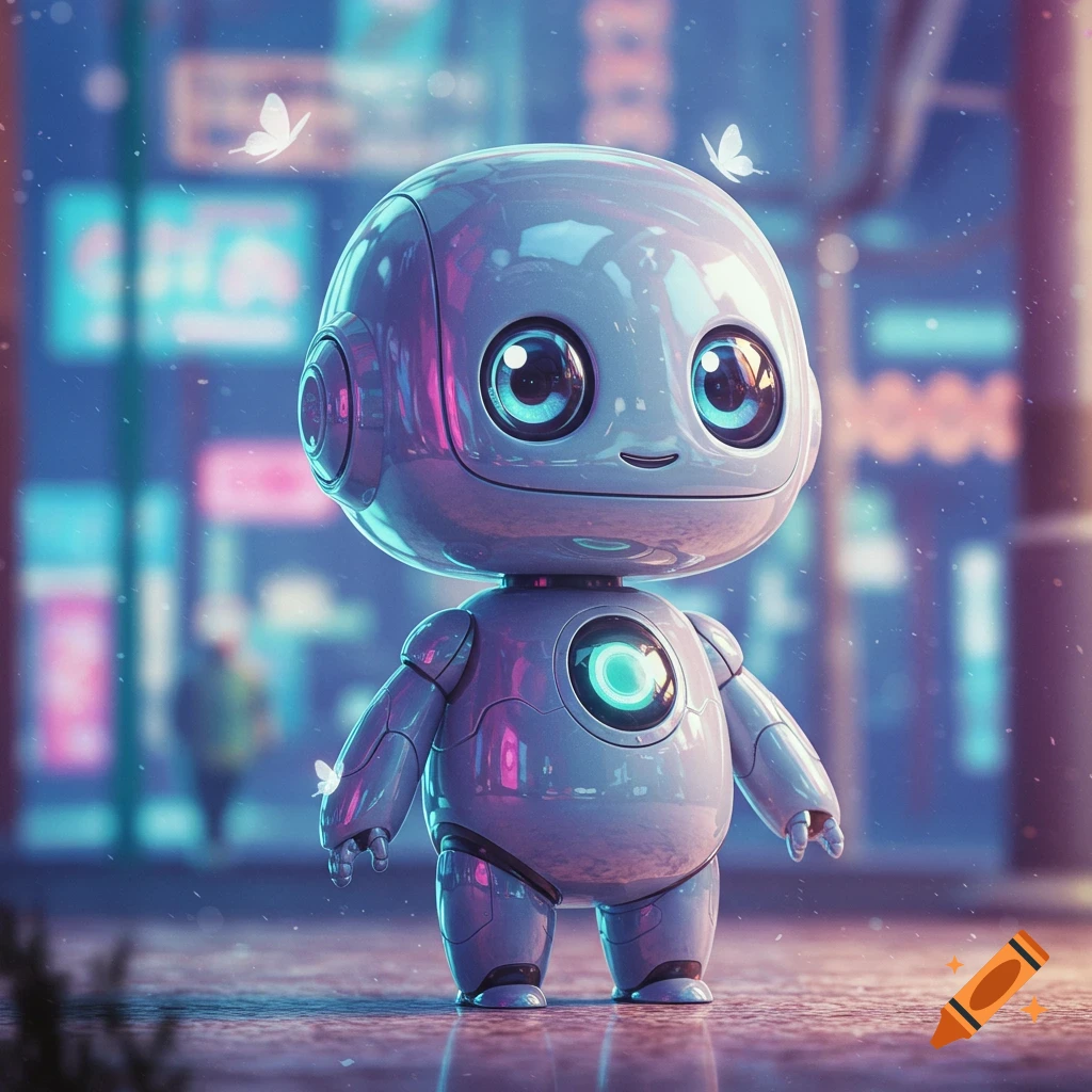 A cute, shiny robot with big eyes stands on a wet surface, illuminated by blurred neon city lights and white butterflies.