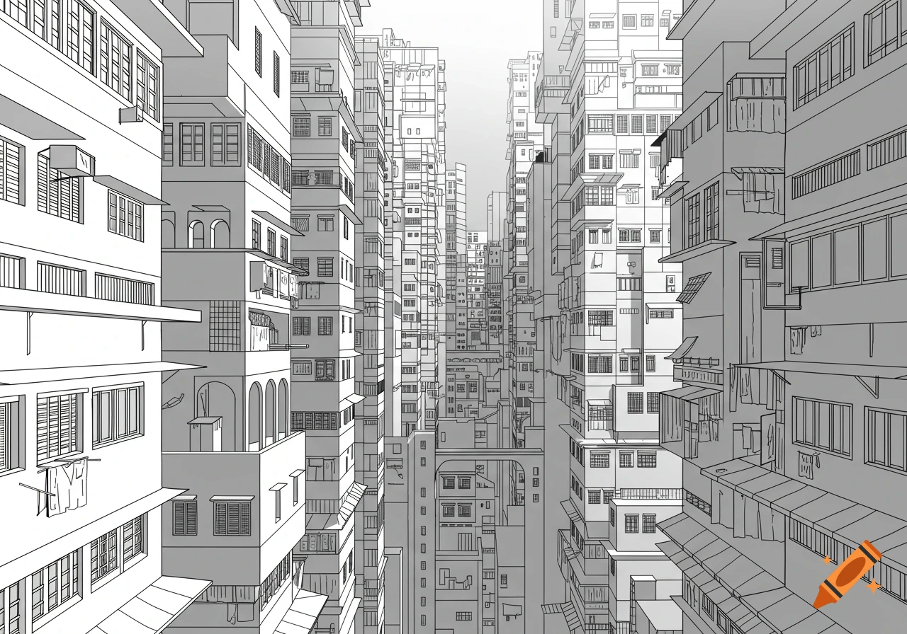Black and white line drawing of a dense, towering city reminiscent of Kowloon Walled City, with buildings packed closely in a narrow street.