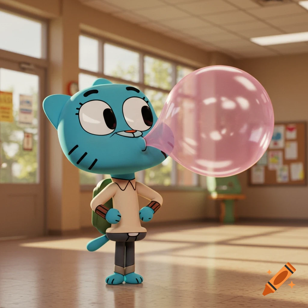 Gumball Watterson, a blue cat-like cartoon character, blows a large pink bubble gum bubble in a sunlit classroom.