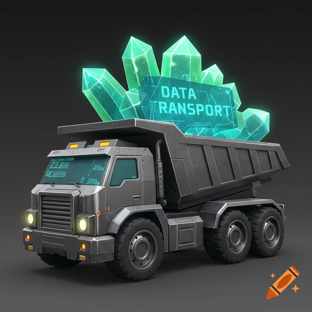 Stylized grey dump truck carrying glowing teal crystals with 'DATA TRANSPORT' text, on a dark background.