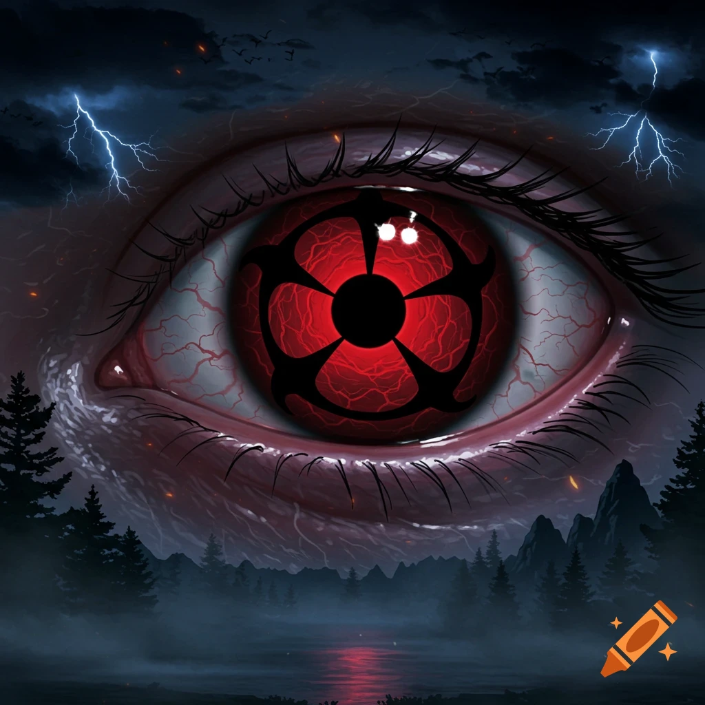 A close-up of a stylized red and black Mangekyo Sharingan eye with bloodshot sclera, set against a dark, stormy forest landscape with lightning.