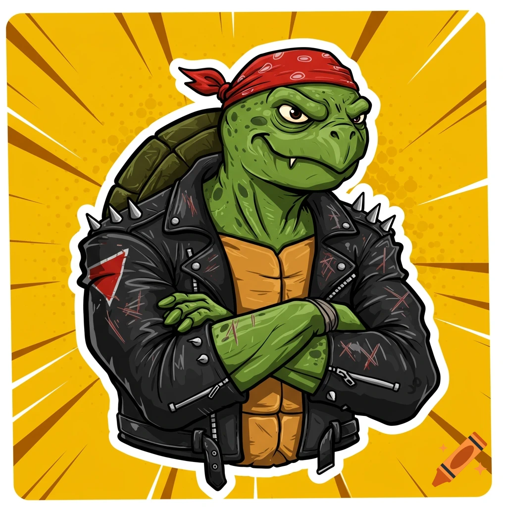 A cartoon illustration of a tough-looking green turtle wearing a black spiked leather jacket and a red bandana, standing with arms crossed against a yellow burst background.
