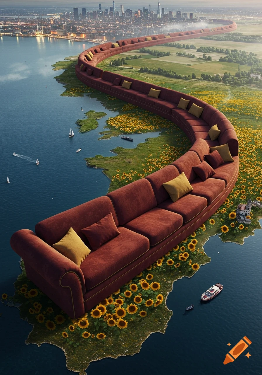 An impossibly long, curving red sofa stretches along a coastline, with water on one side and fields of yellow sunflowers on the other, leading to a distant city skyline.
