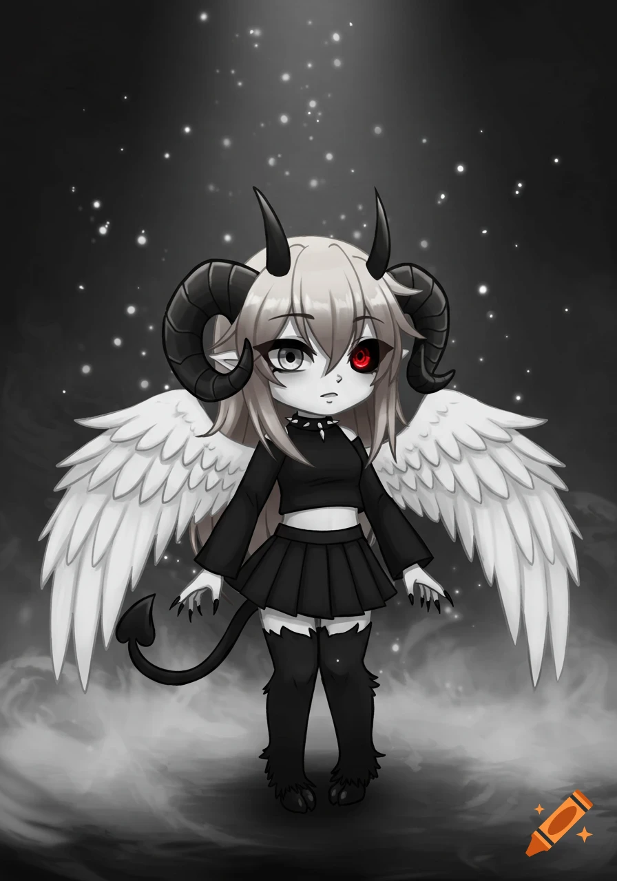 An anime Gacha Life style girl with blonde hair, black horns, one gray eye and one red eye, wearing a black crop top and skirt, with white wings, a black tail, and black furry legs, against a dark background with white sparkles.