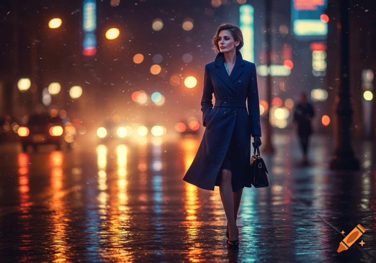 A woman in a long blue coat walks on a wet street at night, lit by blurred city lights and reflections.