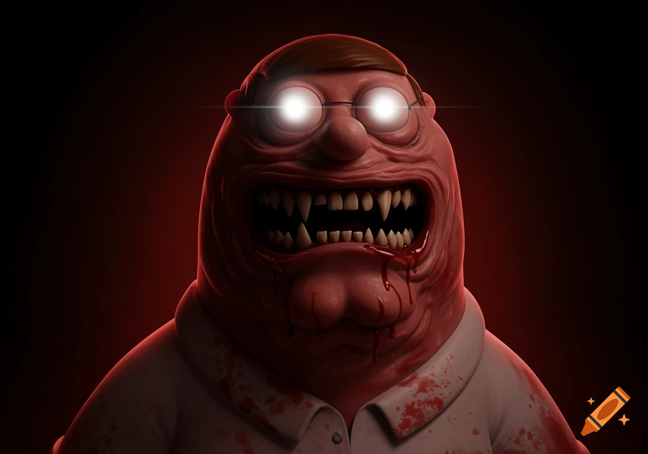 A creepy, hyper-realistic rendering of Peter Griffin with glowing eyes, sharp fangs, and blood dripping from his mouth, set against a dark red background.