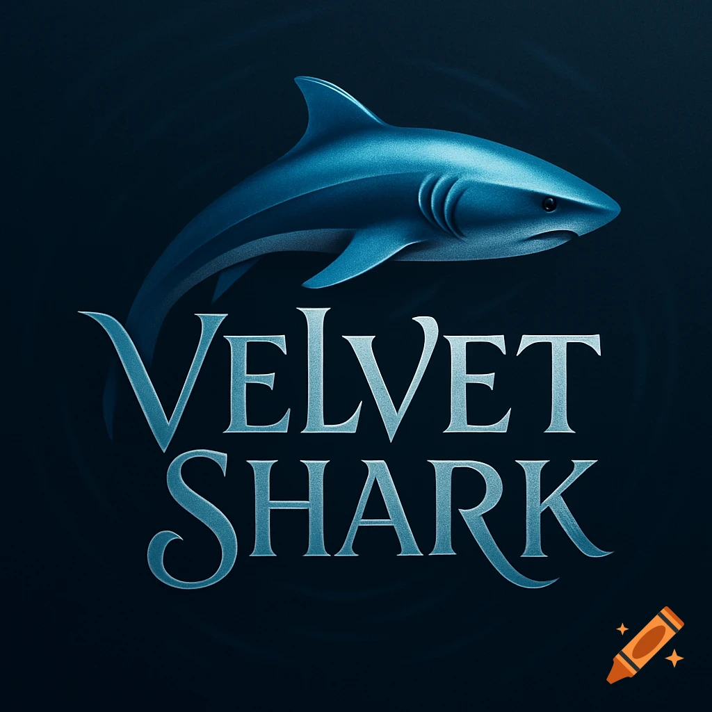 A dark blue logo with a metallic-looking shark above the words "Velvet Shark" in a stylized font.
