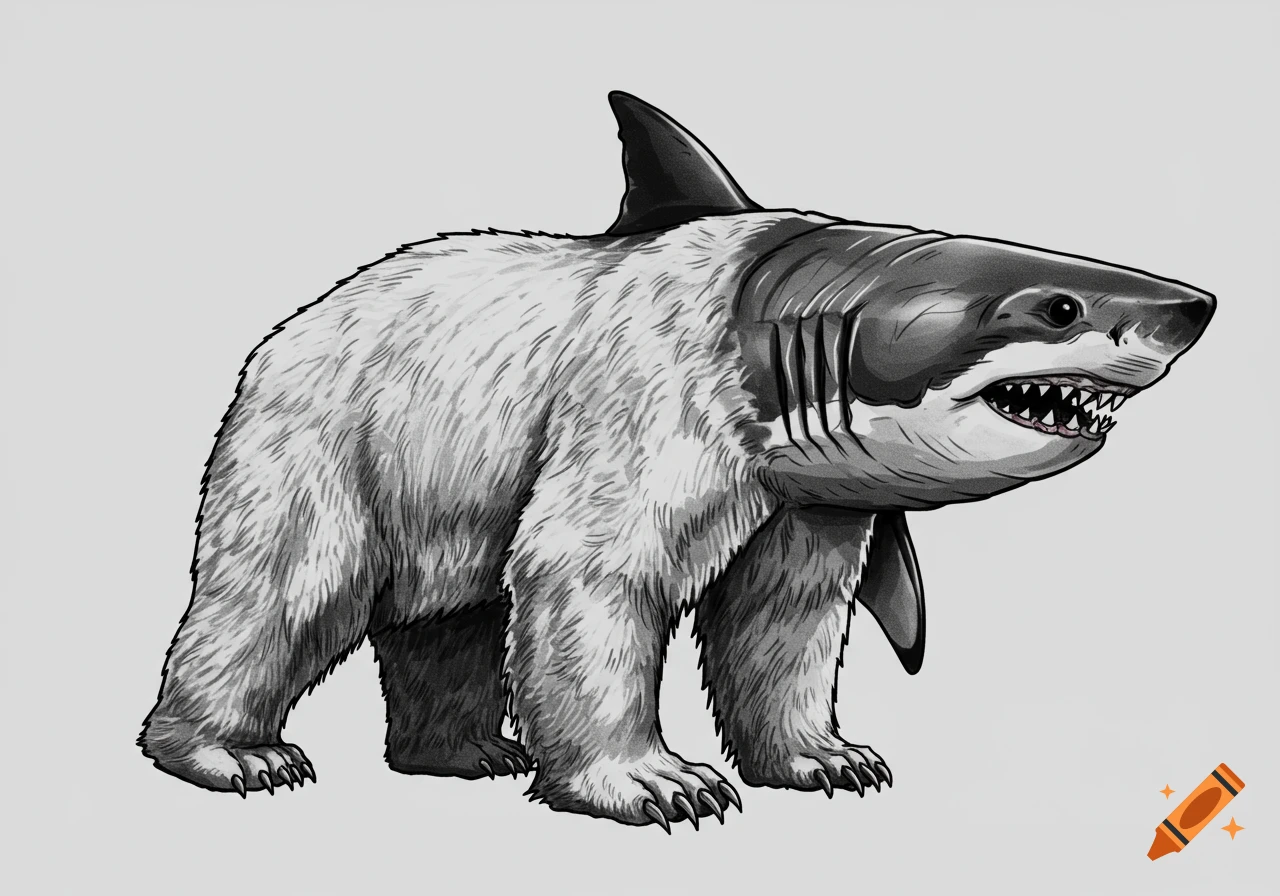 Black and white illustration of a creature with a polar bear body, a great white shark head, and a shark fin on its back.