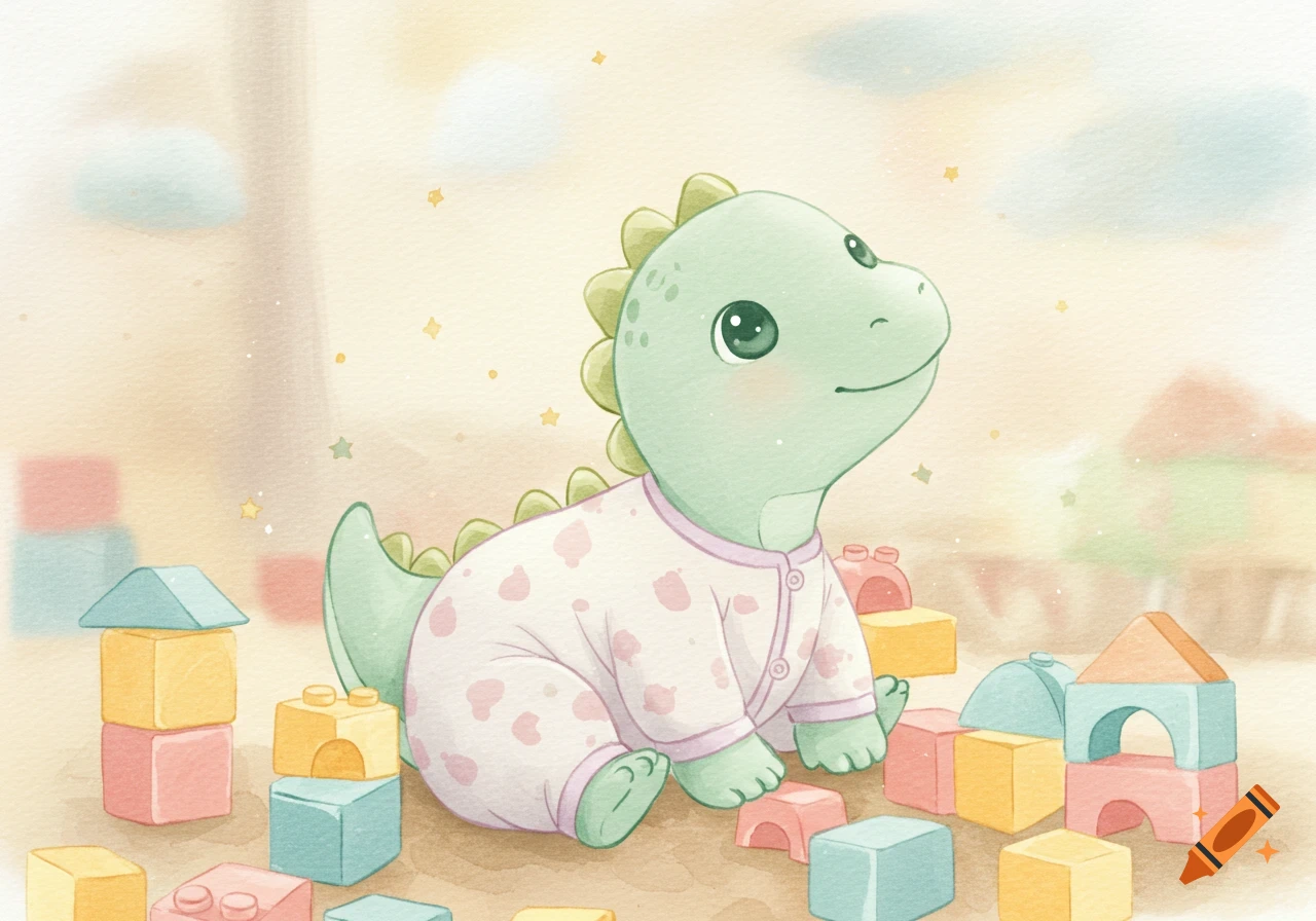 A watercolor illustration of a cute baby dinosaur wearing a pink polka-dot onesie, sitting on the floor surrounded by colorful building blocks.