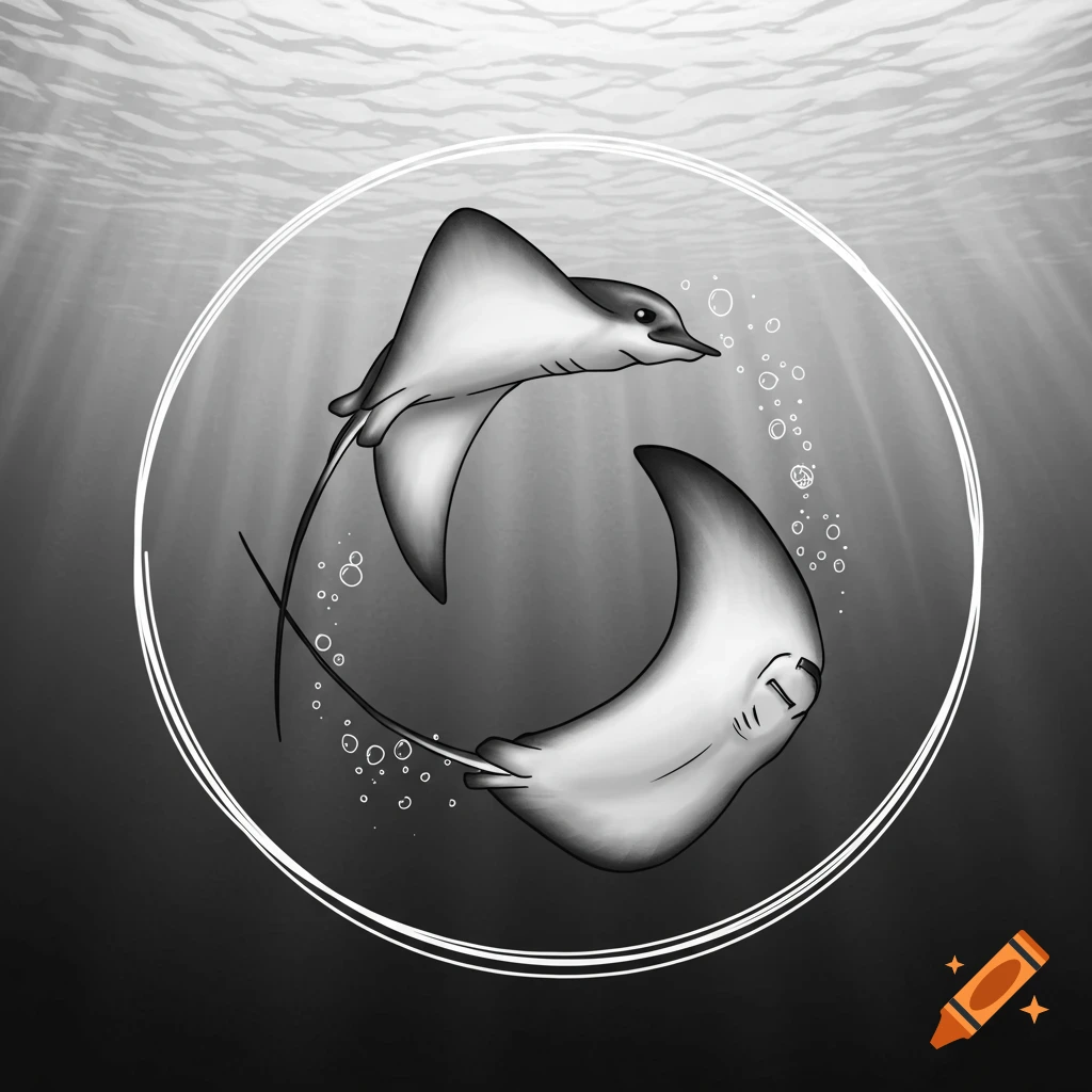 Two black and white eagle rays swim in a circular motion inside a white ring, with light rays piercing the water from above.