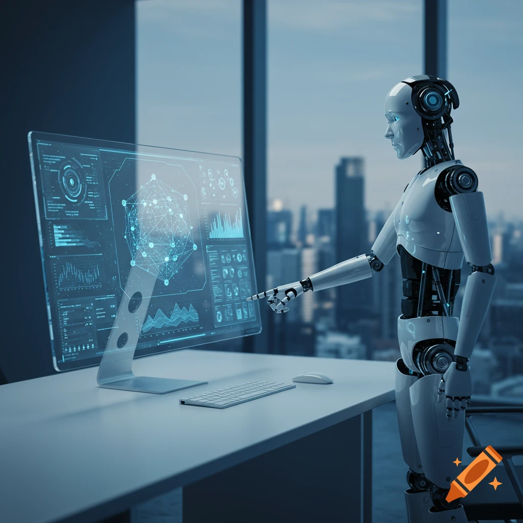 A photorealistic robot, white and gray, stands in an office, pointing at a transparent computer screen displaying blue data graphs and a network diagram. A city view is visible outside the window.