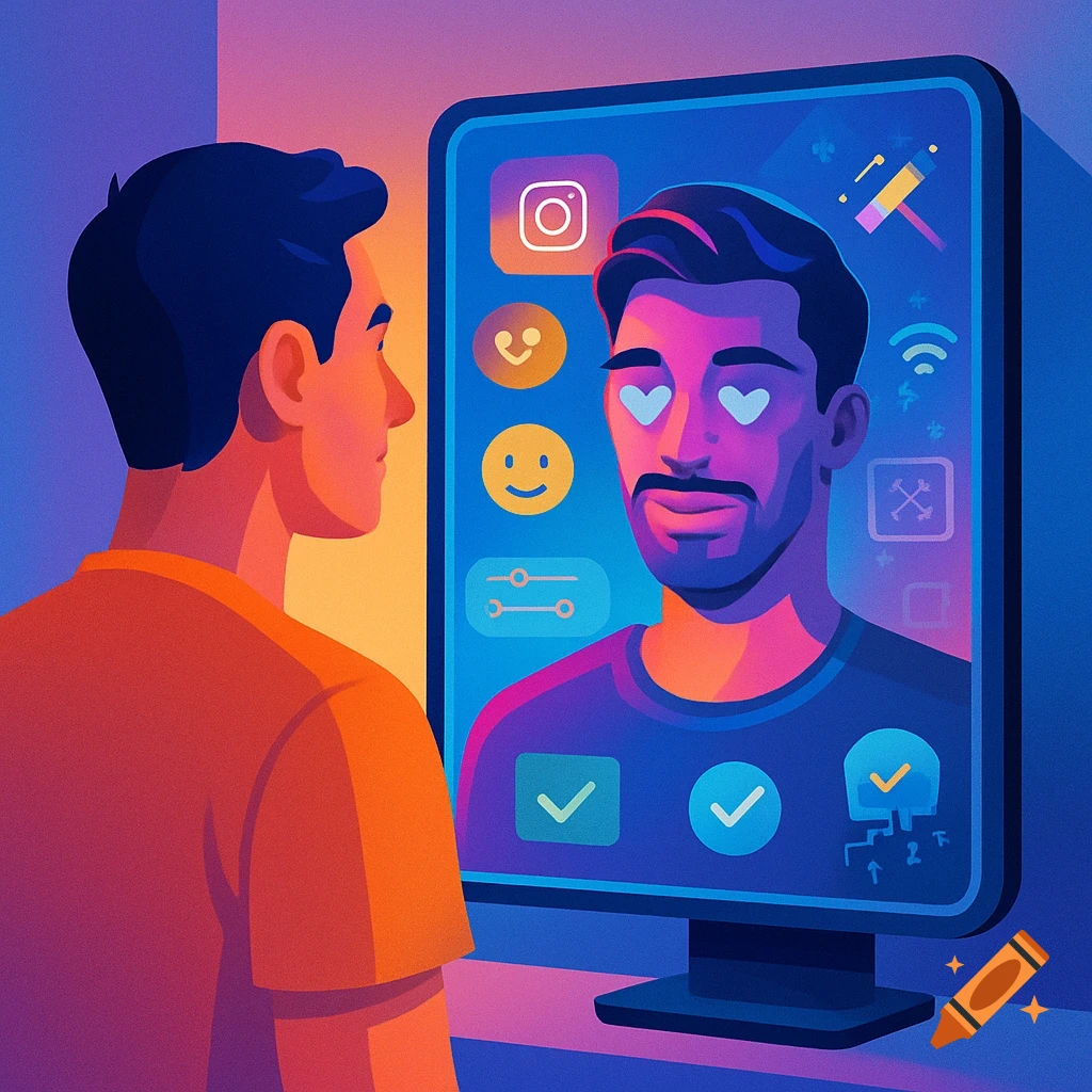 A man in an orange shirt looks into a vibrant digital screen displaying his stylized reflection with social media icons like Instagram, emojis, and checkmarks.