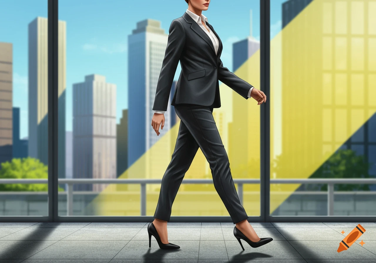 A business woman in a suit and heels walks through a modern building with a city skyline view.
