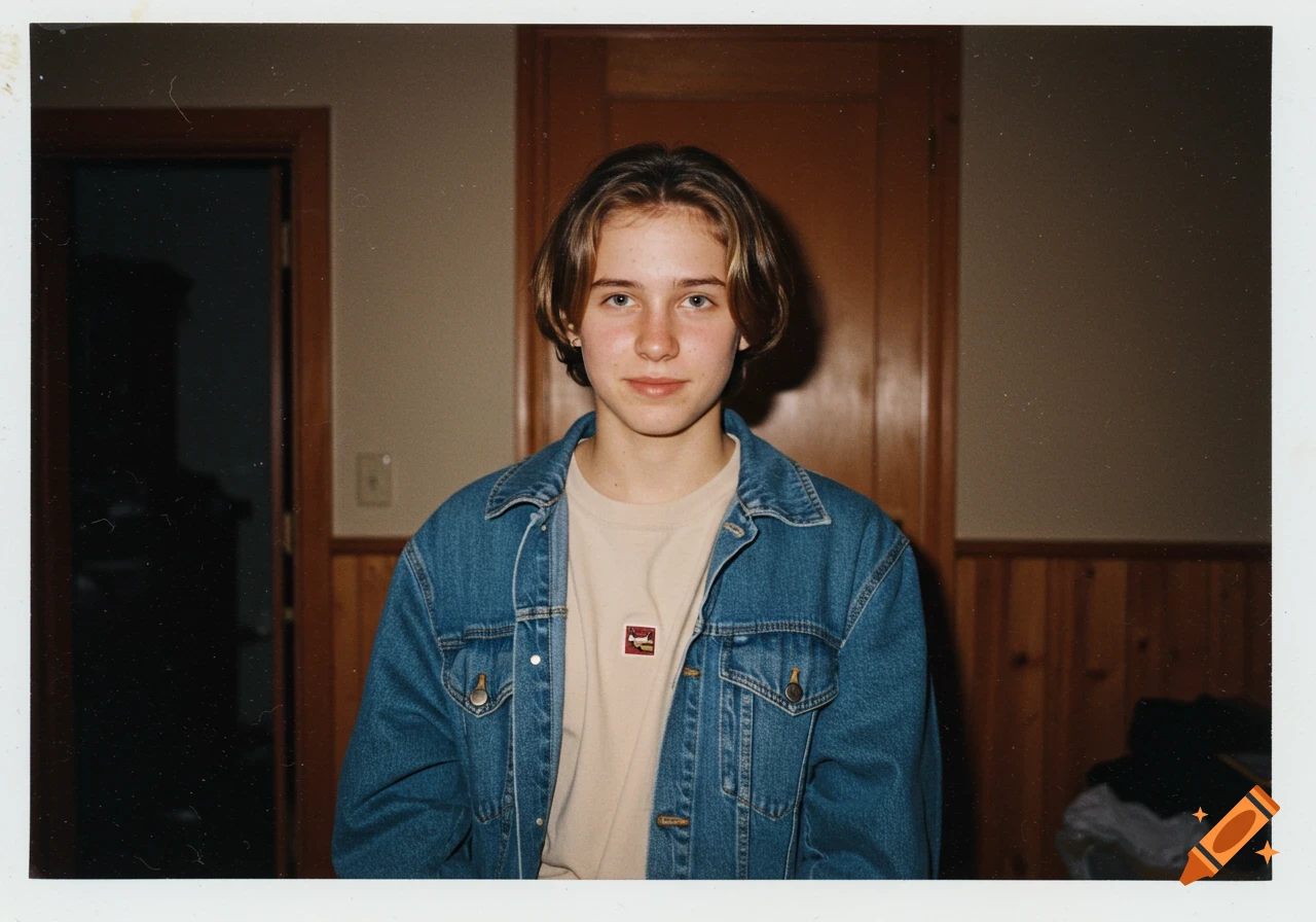 A young person with brown hair and blue eyes wears a denim jacket and a light t-shirt, looking at the camera in a grainy, warm-toned polaroid photograph.