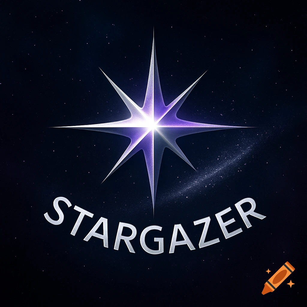 A logo featuring a bright, stylized purple and white star against a dark, starry cosmic background, with the word 'STARGAZER' in silver text curved below it.