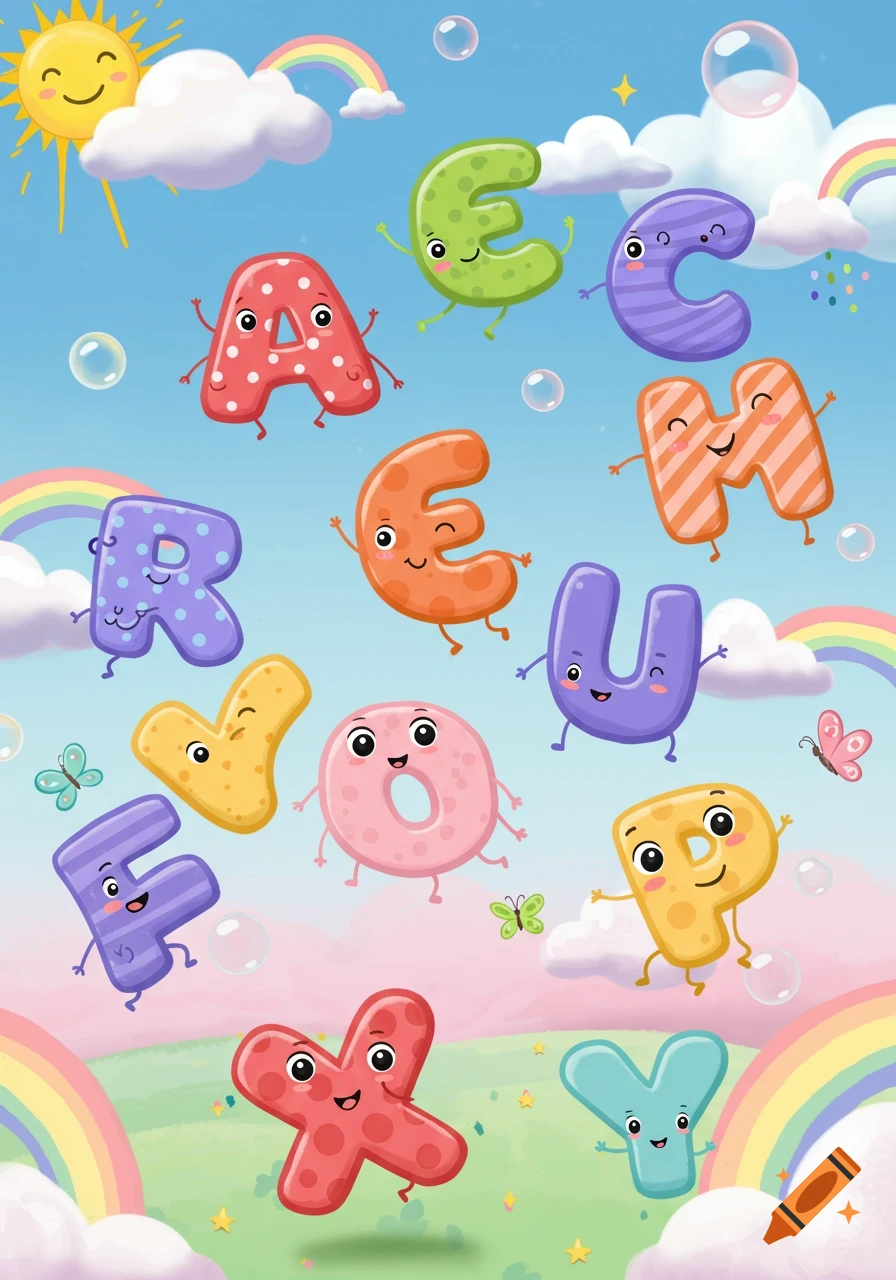 A vibrant cartoon illustration of smiling alphabet letters floating in a blue sky with clouds, rainbows, a sun, butterflies, and bubbles.