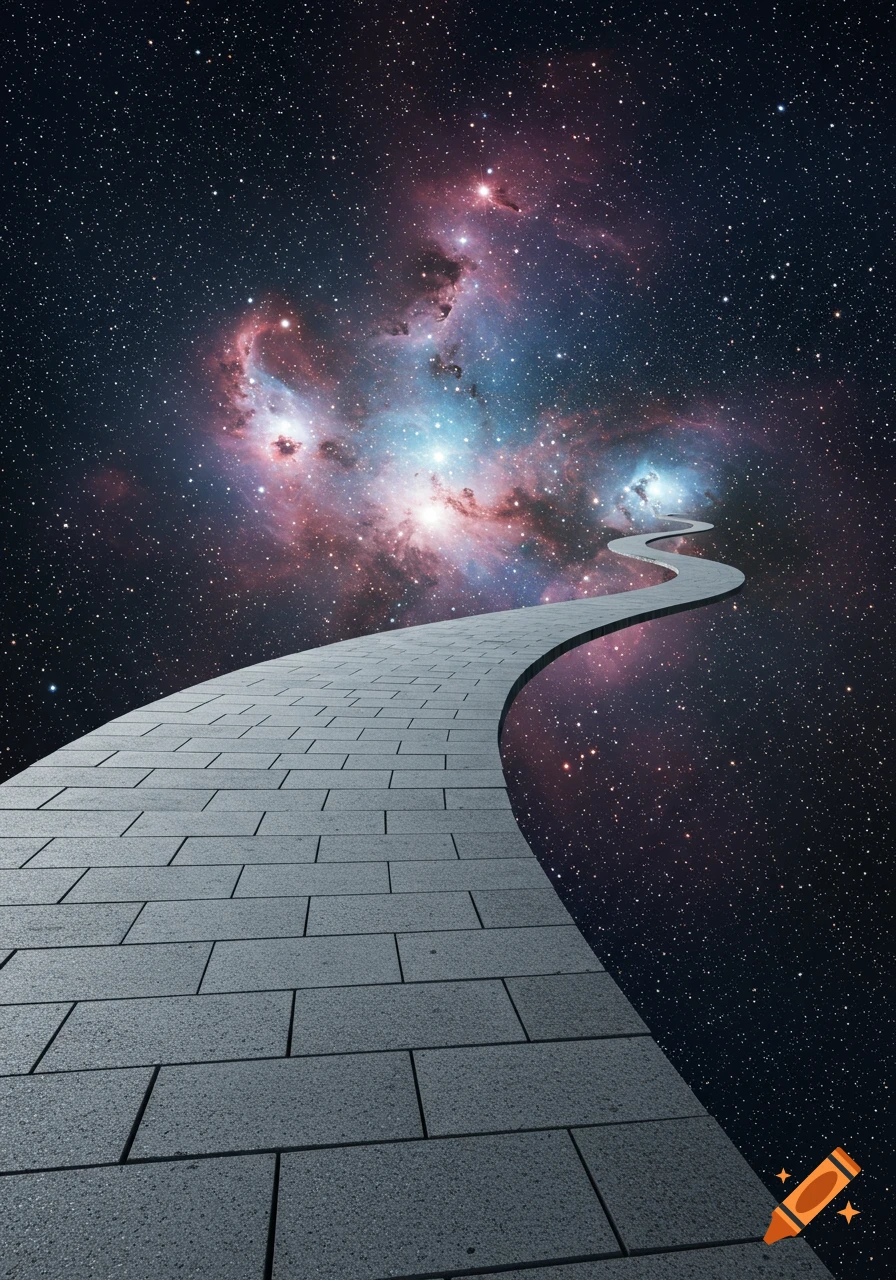 A winding paved path made of concrete blocks stretching through deep space, surrounded by colorful nebulae and countless stars.