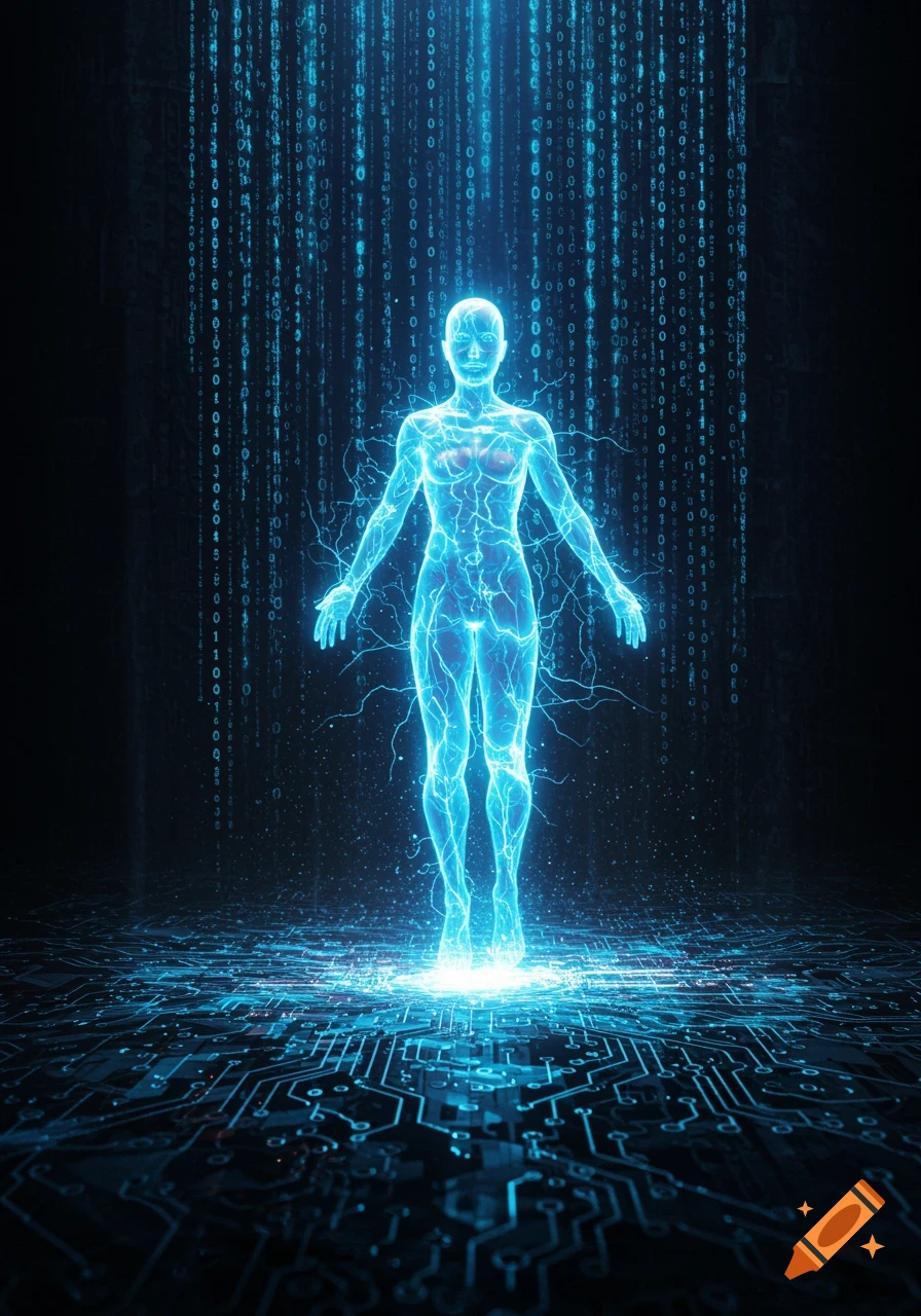 A glowing blue human-like figure stands on a circuit board floor with binary code raining down from above in a dark, futuristic setting.