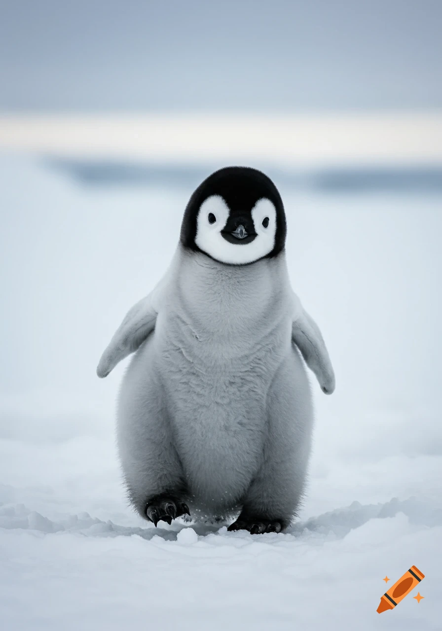 A fluffy baby emperor penguin stands on snow with a blurred background of ice and sky.