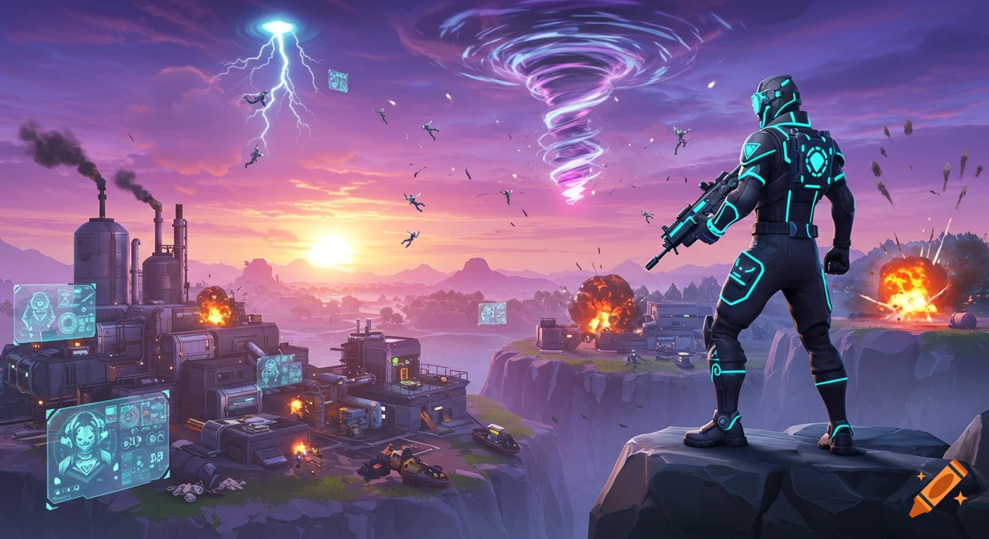 A futuristic soldier watches an exploding factory at sunset under a purple sky with lightning, a tornado, and falling figures, in Fortnite style.
