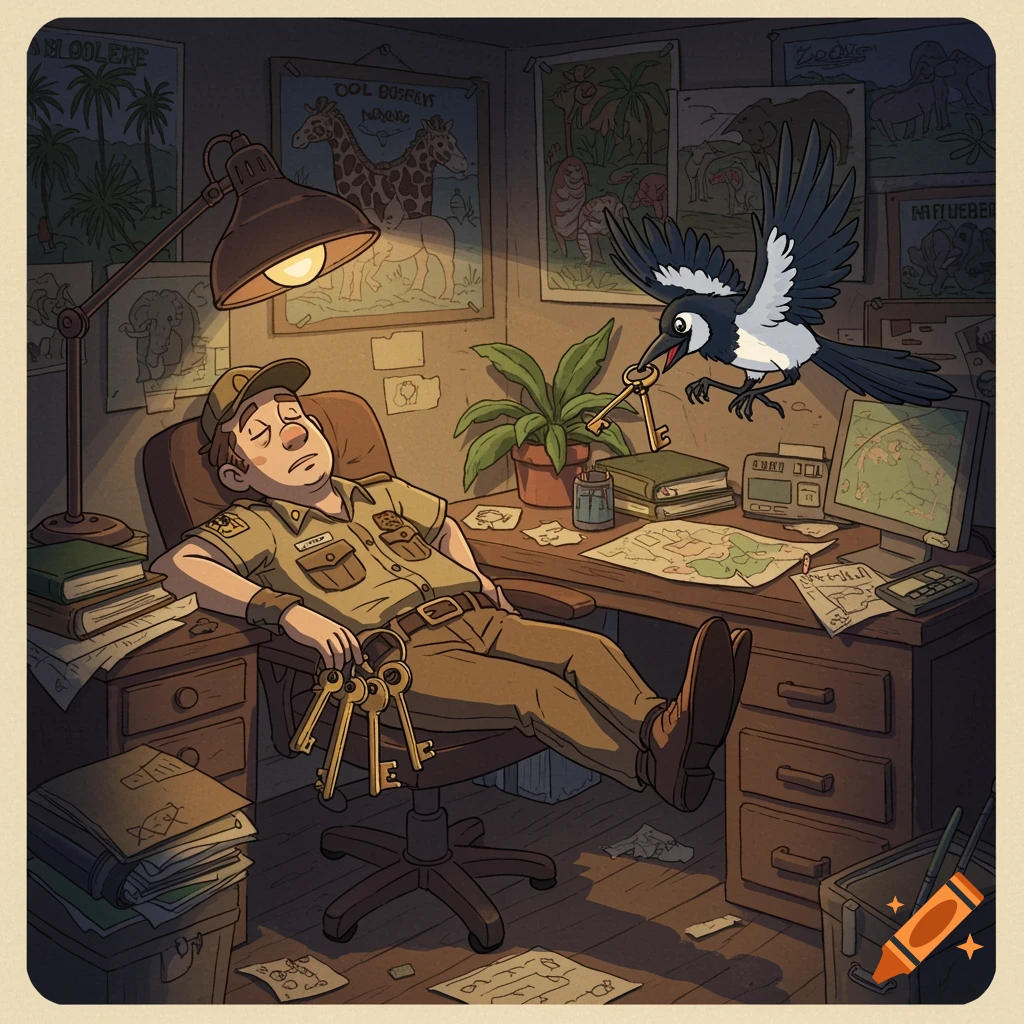 A cartoon illustration shows a zookeeper sleeping at his desk at night, his feet up, with a large ring of keys on his hip. A magpie swoops down to snatch one of the keys.