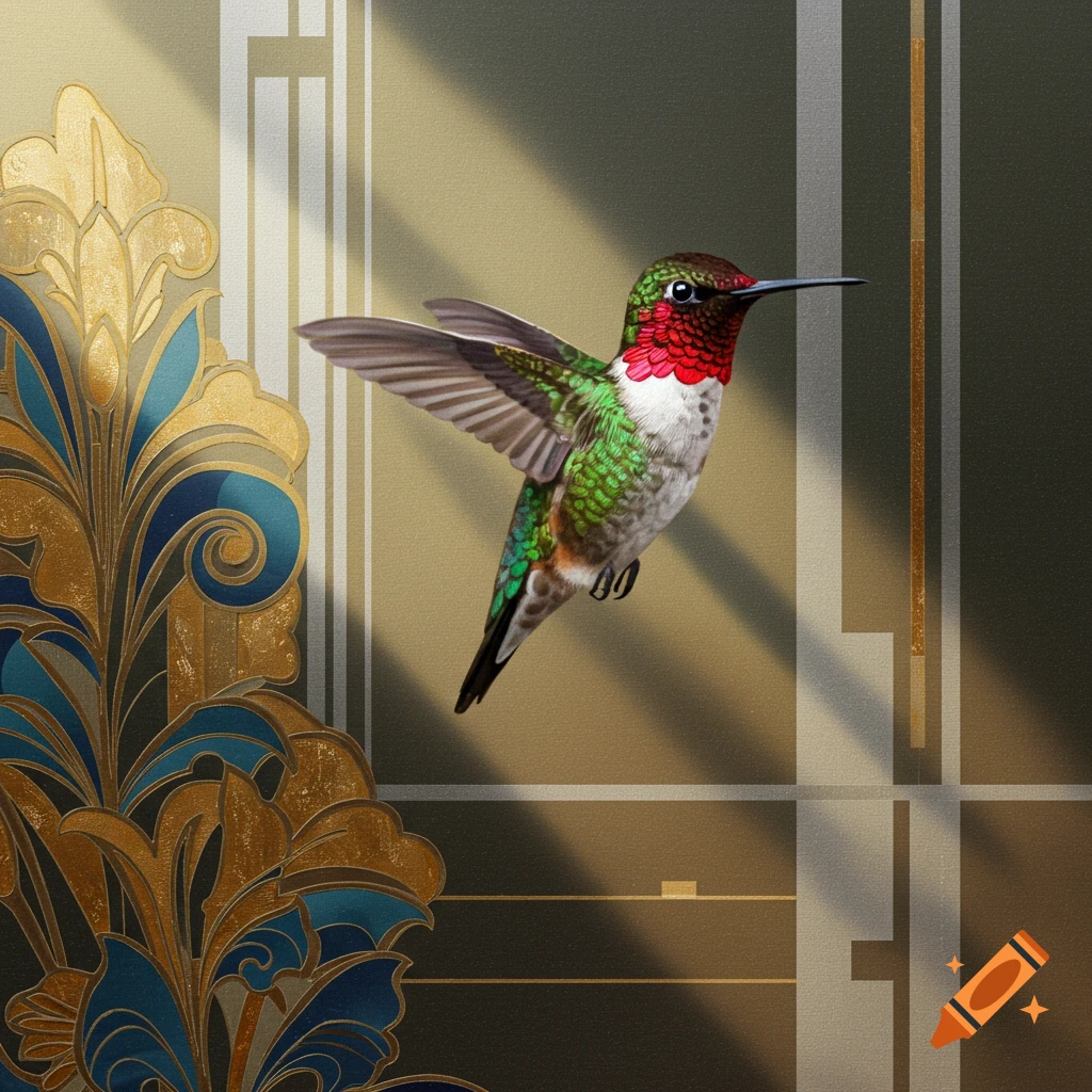 A ruby-throated hummingbird hovers in front of a gold and blue Art Deco patterned background.