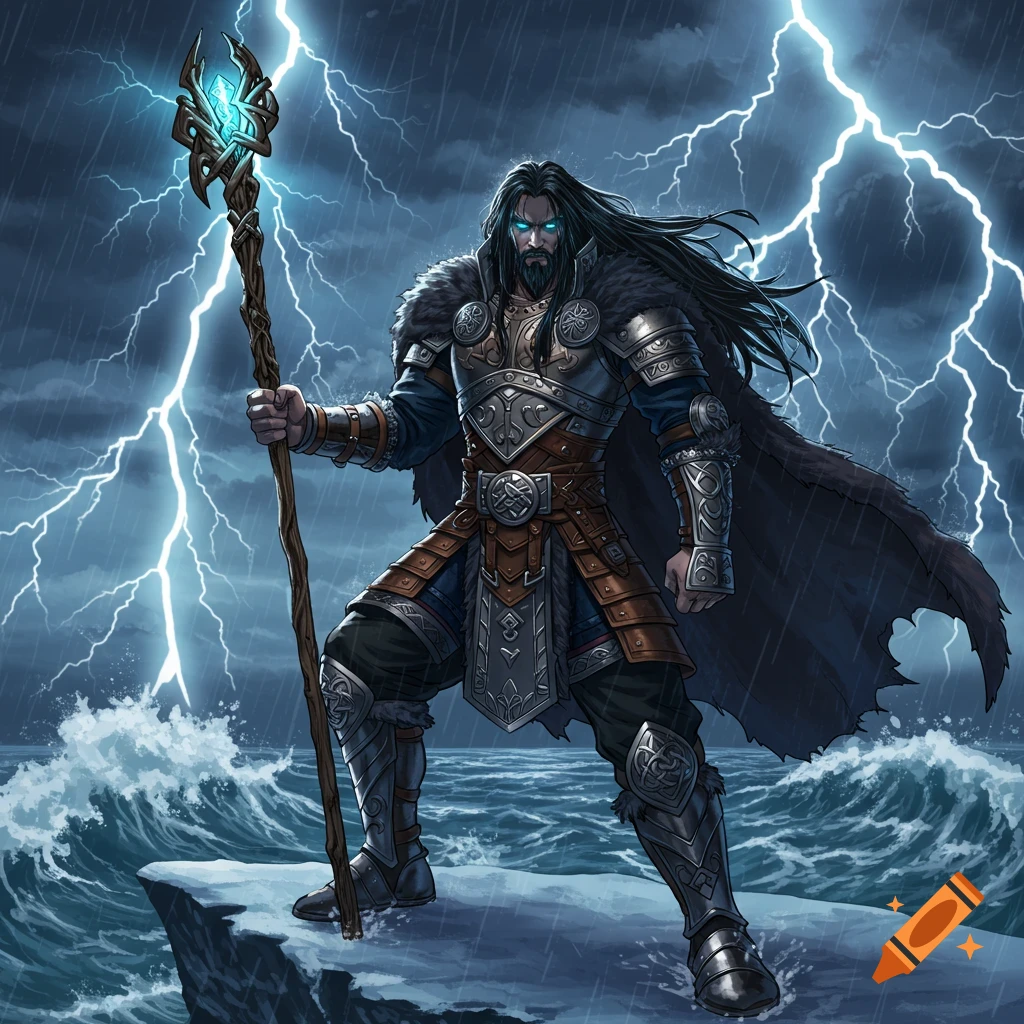 A fantasy viking warrior with long black hair, glowing eyes, holding a staff, standing by stormy seas with lightning.