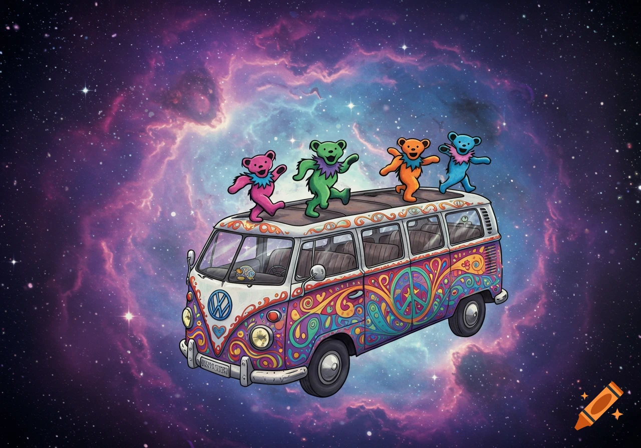 Four colorful Grateful Dead dancing bears on a psychedelic VW bus floating in a vibrant purple and blue nebula.