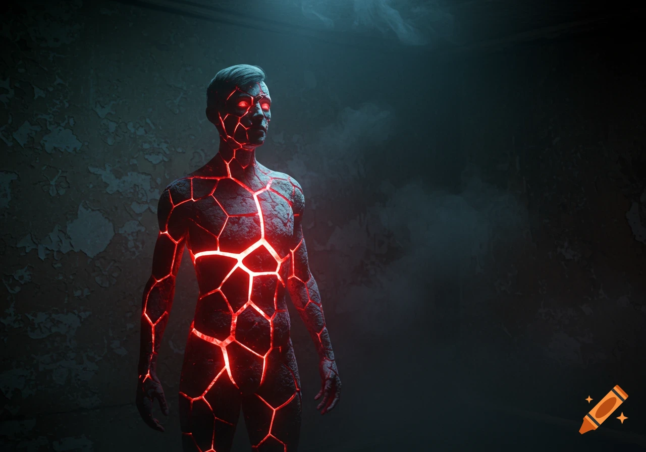 A person with glowing red cracks on their body stands in a dark, smoky room.