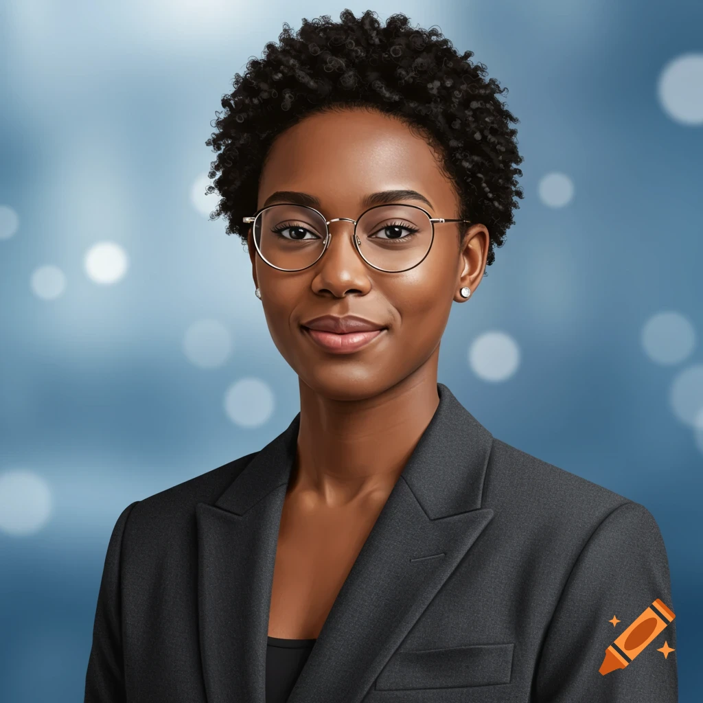 Photorealistic portrait of a Black woman with short curly hair and glasses, wearing a dark blazer against a blurred blue background.