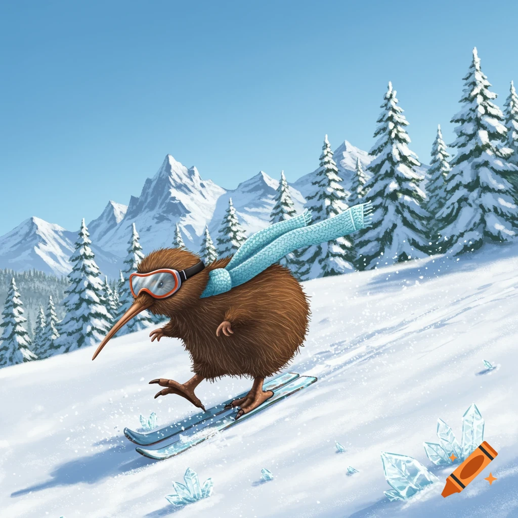 A whimsical illustration of a kiwi bird wearing goggles and a scarf, skiing down a snowy mountain slope with pine trees and mountains in the background.