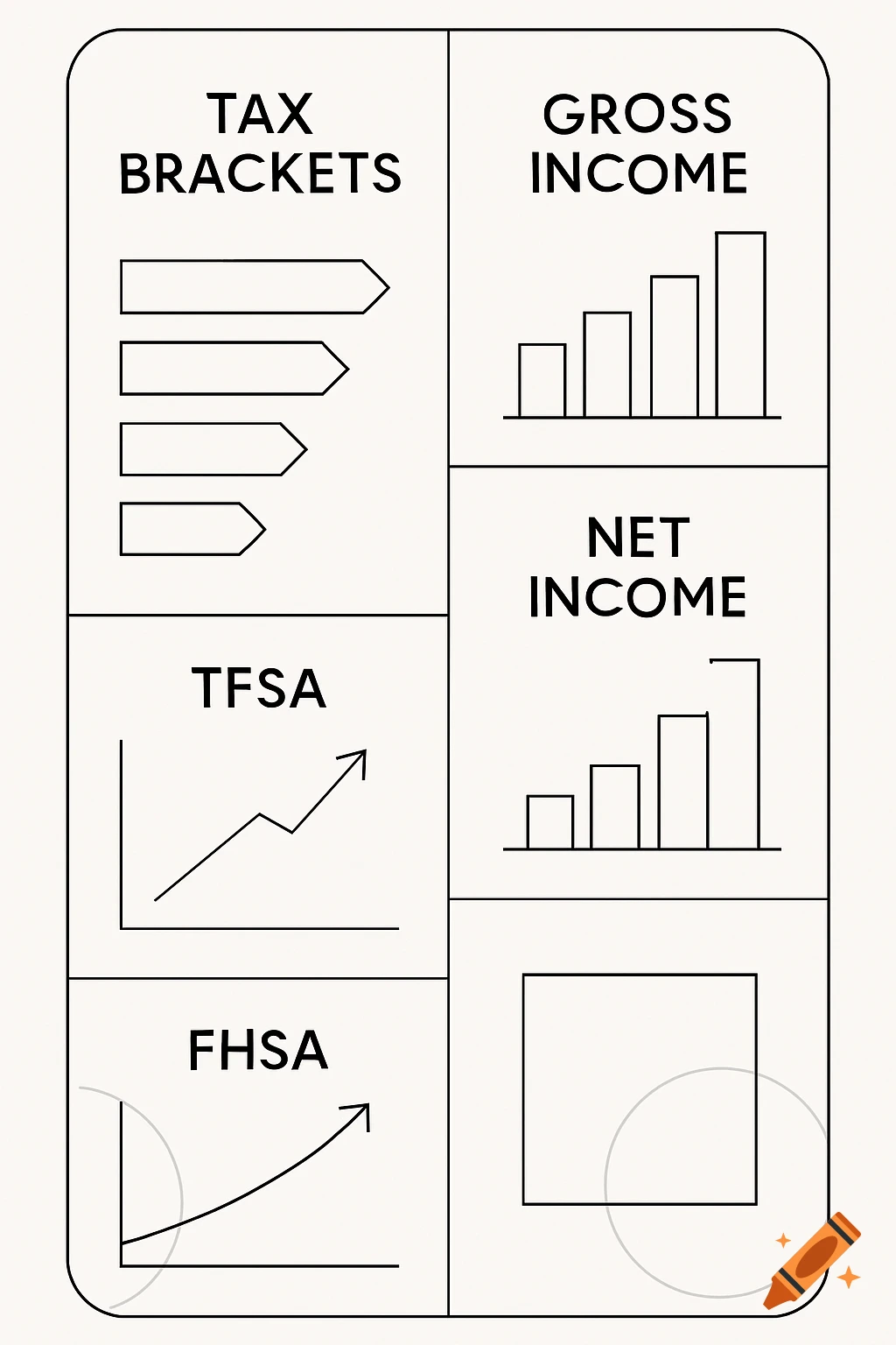 Black and white minimalist diagram showing financial concepts with charts for tax brackets, gross and net income, TFSA, and FHSA.