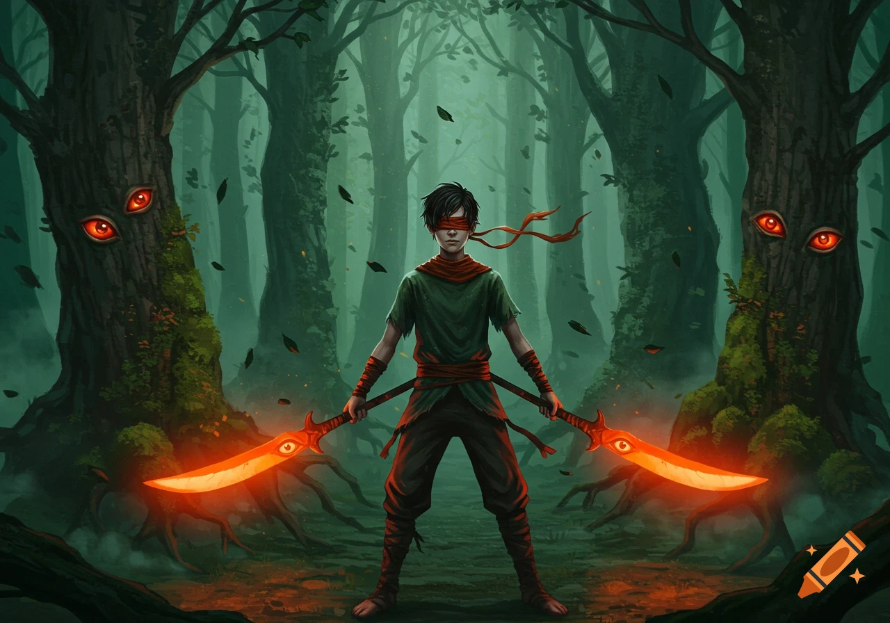 A blindfolded youth with dark hair stands in a misty forest, holding two glowing orange swords with eyes.