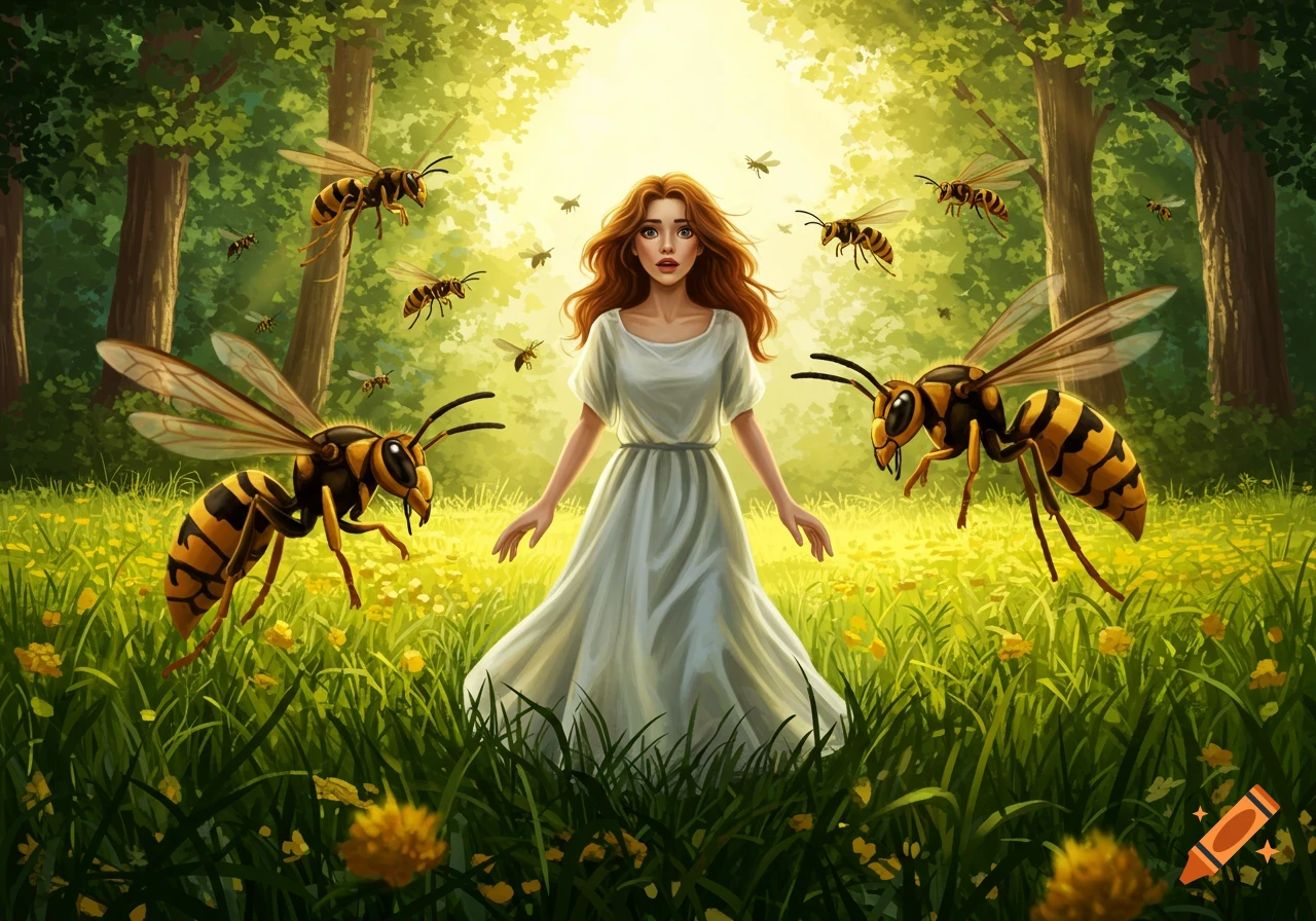 Red-haired woman in white dress surrounded by large yellowjacket wasps in a sunlit, green forest clearing with yellow flowers. Illustration.