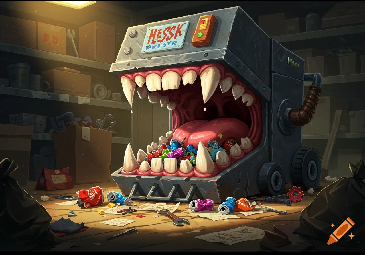 A cartoon monster trash compactor with sharp teeth eating trash and tools in a messy storage room.