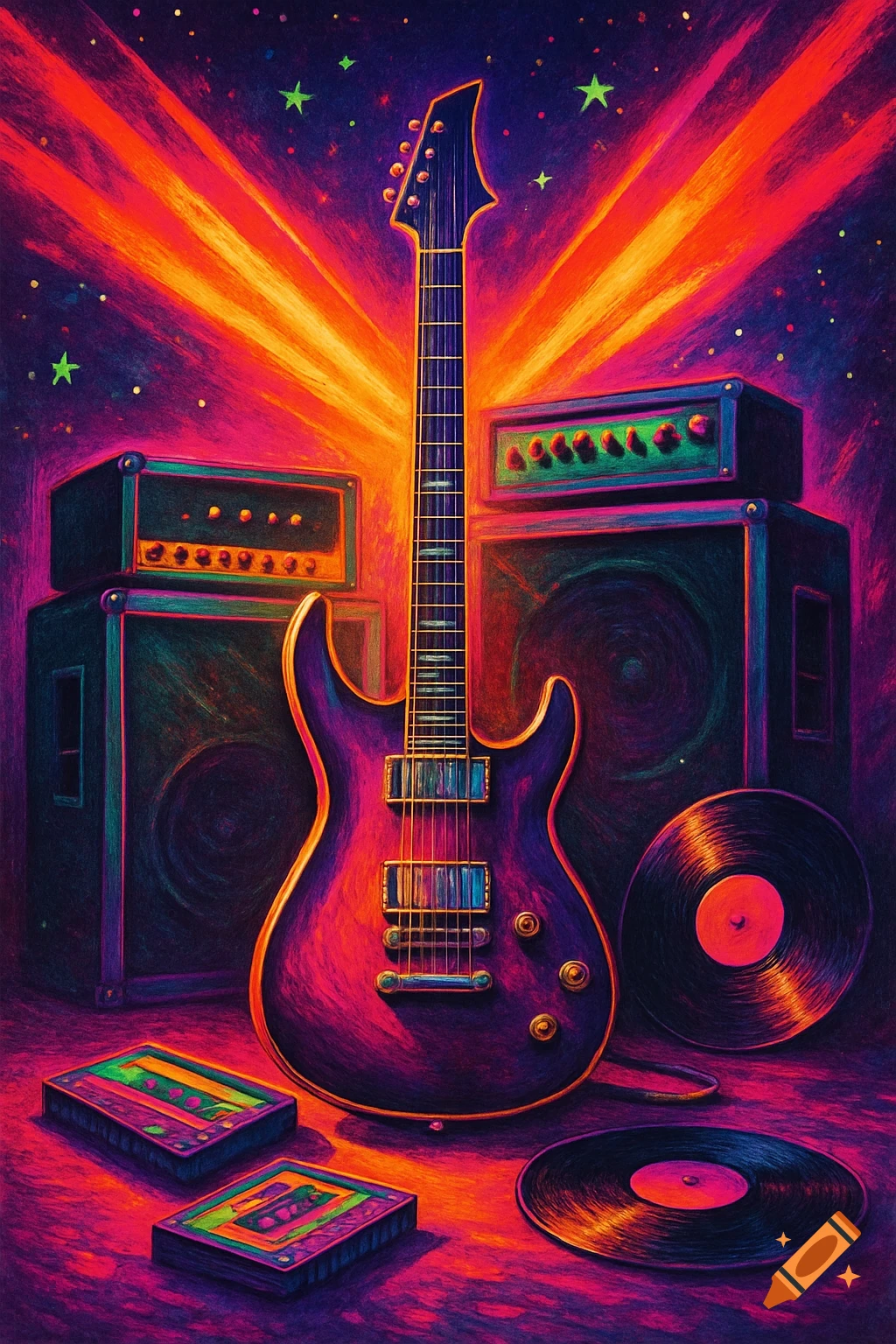 Vibrant neon illustration of an electric guitar, amps, vinyl records, and cassette tapes, in an 80s rock aesthetic.