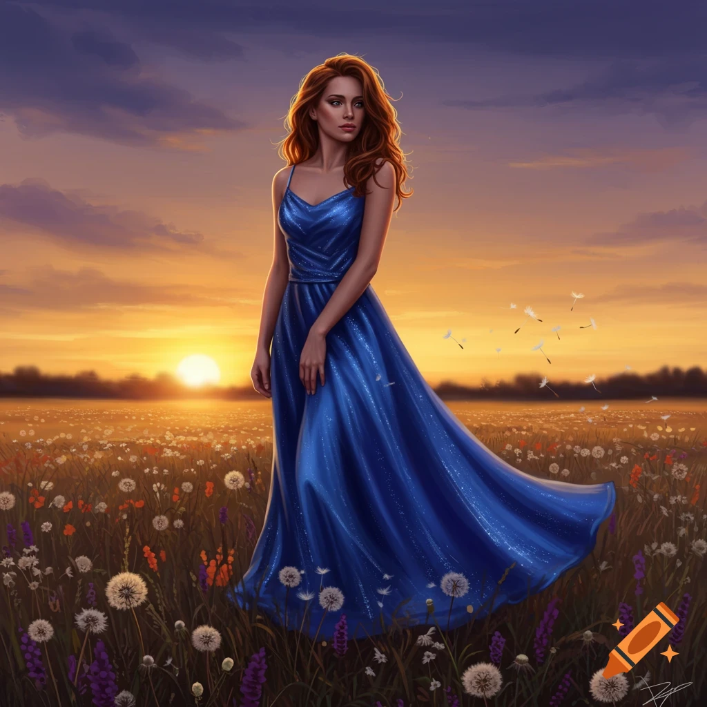 A woman with long red hair in a shimmering blue dress stands in a field of dandelions at sunset, digital painting.