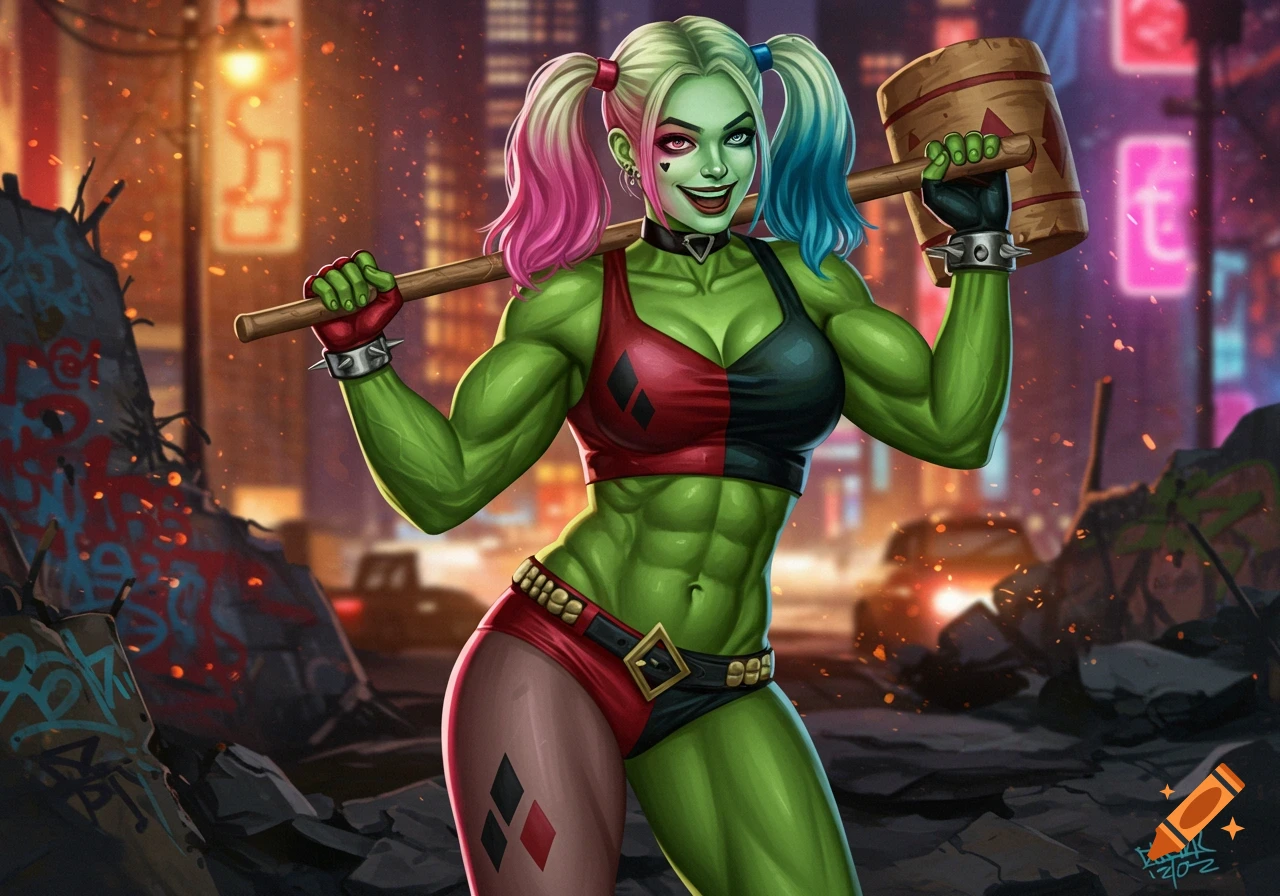 A muscular, green-skinned female character resembling a blend of Harley Quinn and She-Hulk, with pink and blue pigtails, holds a large mallet in a ruined city street at night. Comic book art style.