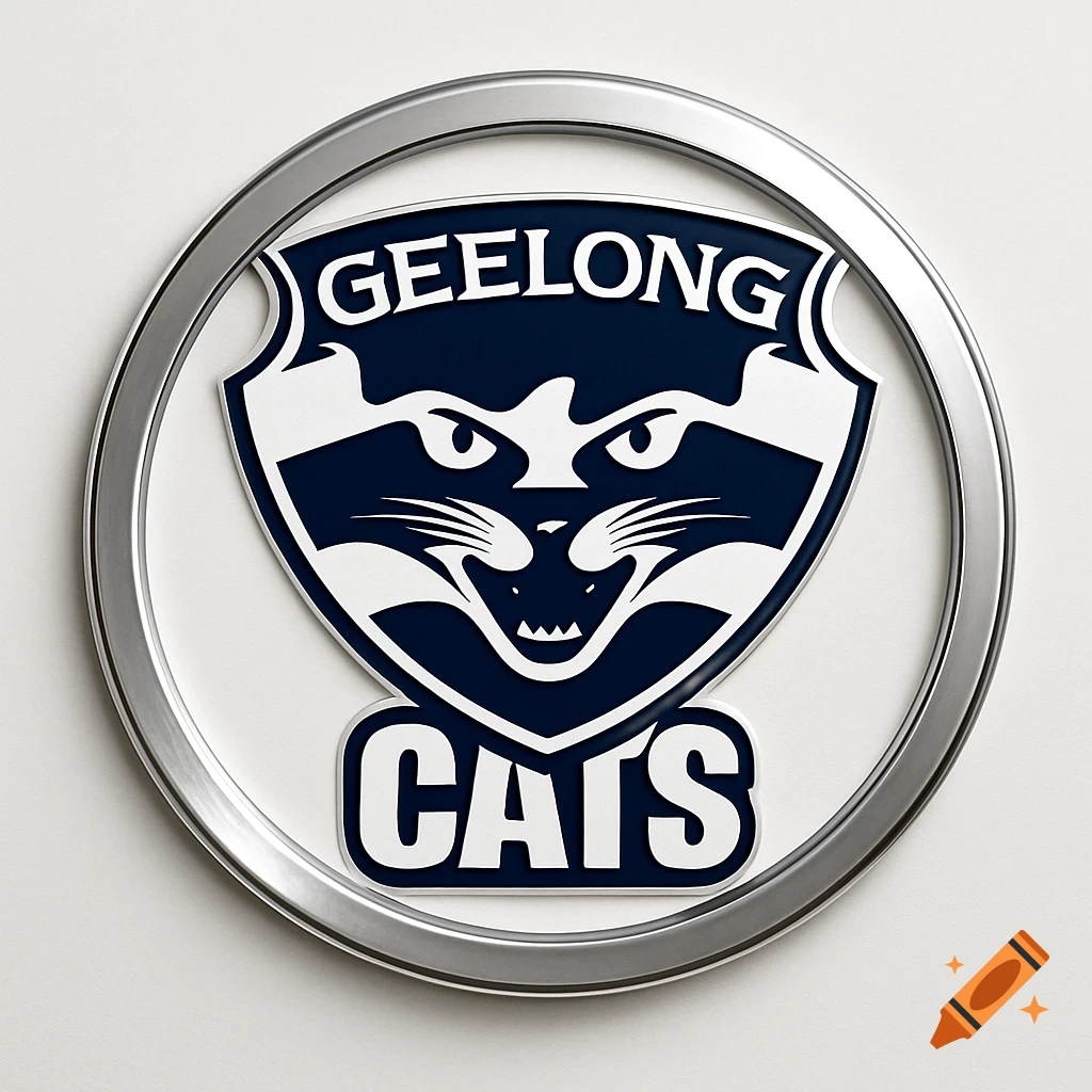 Geelong Cats logo, a blue and white shield with a stylized cat face and 'GEELONG CATS' text, framed by a round silver border.