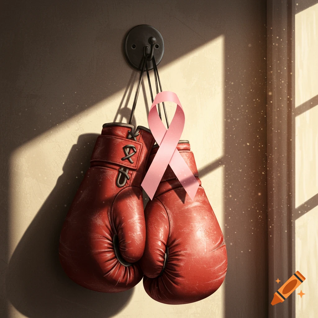 Red boxing gloves with a pink cancer awareness ribbon hanging on a wall hook, lit by sunlight.