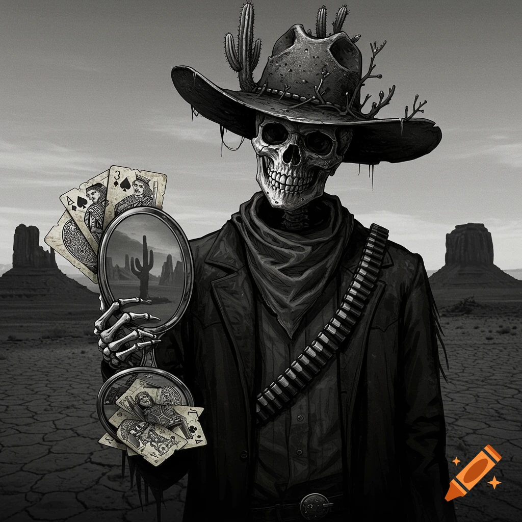 A black and white cowboy skeleton with cacti on its hat holds a mirror reflecting a desert landscape and playing cards.