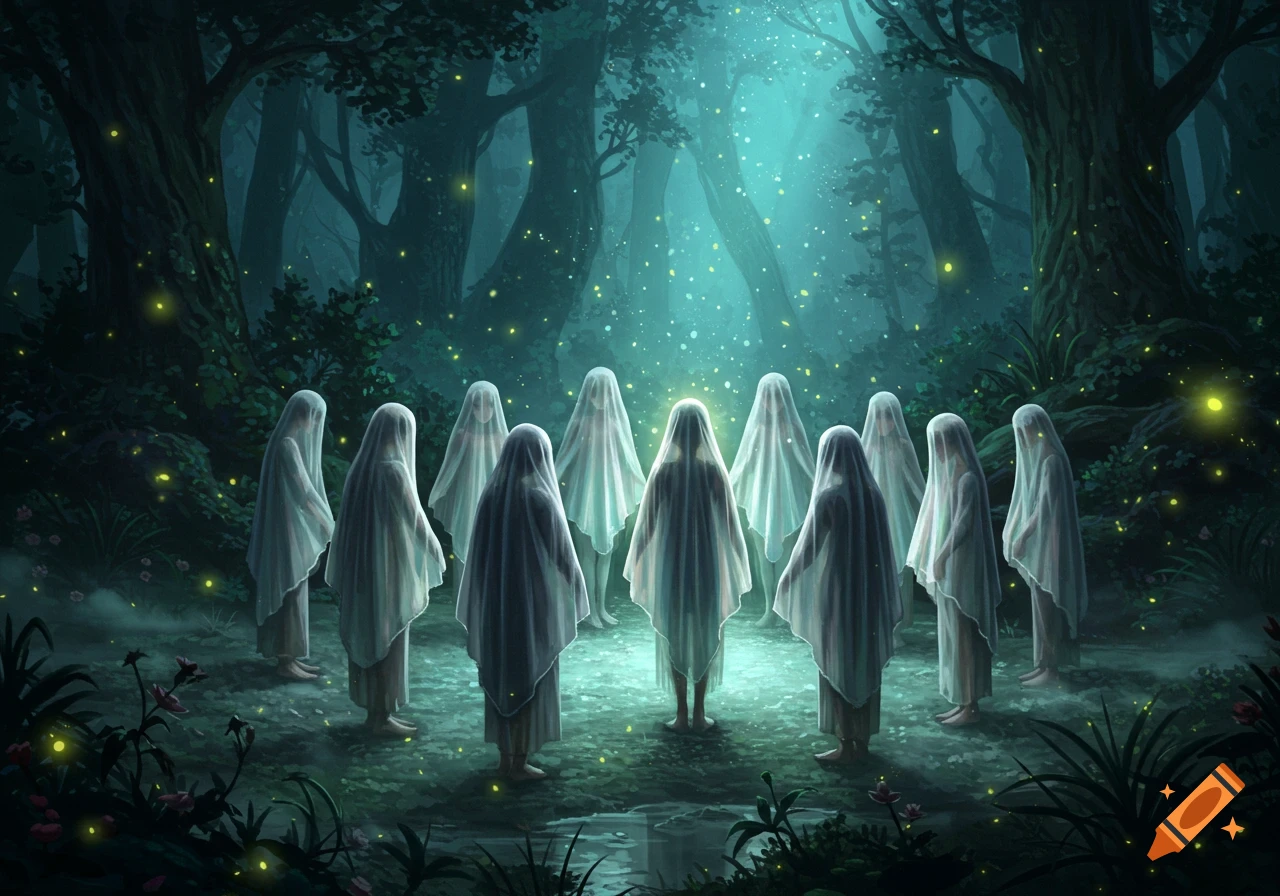 Ten ethereal veiled figures stand in a dark, mystical forest under a glowing light.