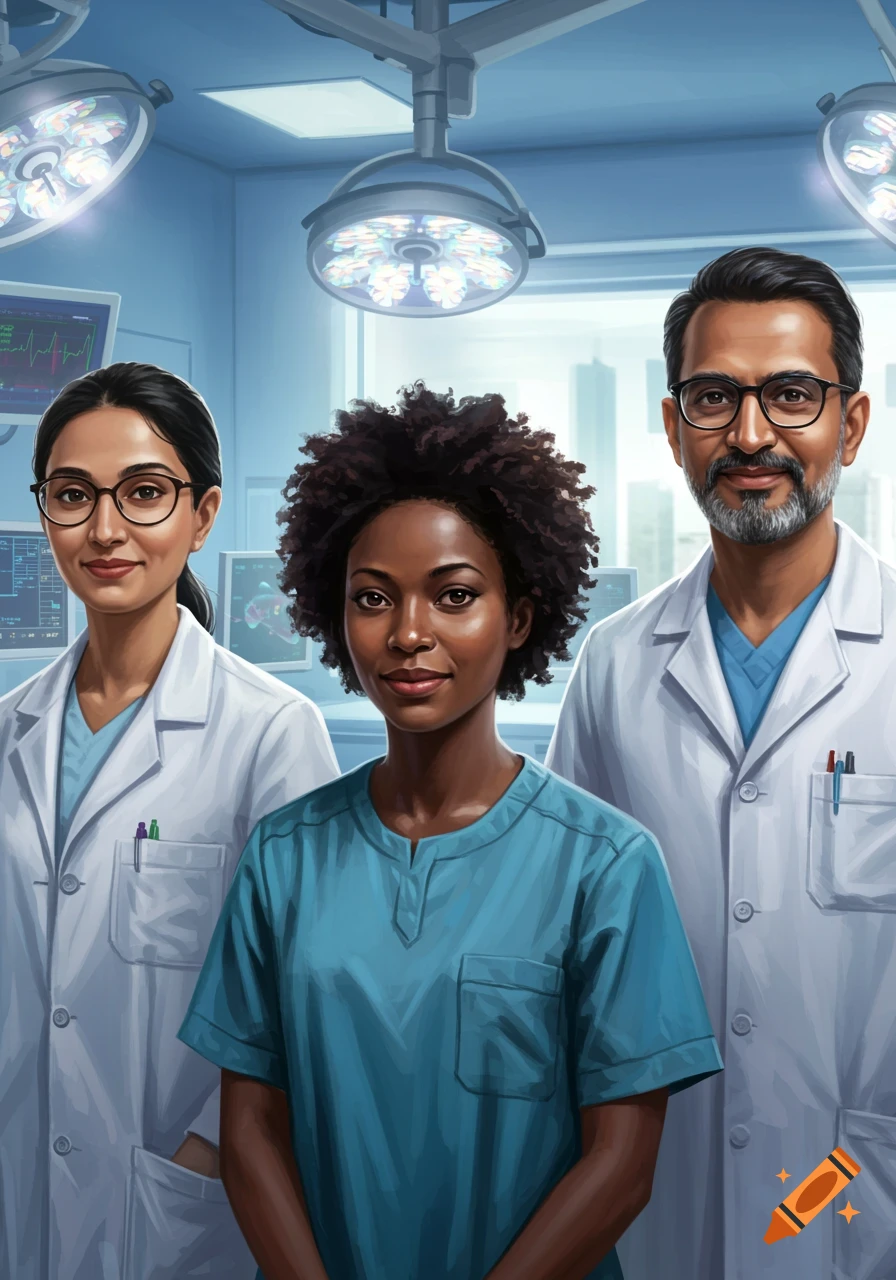 Three doctors, two women and one man, stand in an operating room with surgical lights and monitors. The woman on the left and the man on the right wear white lab coats and glasses, while the woman in the center wears blue scrubs.