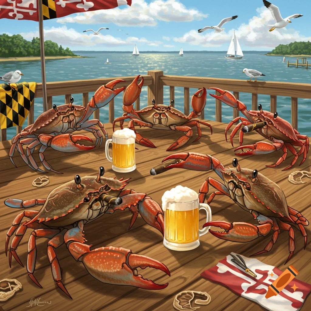 Illustration of anthropomorphic Maryland blue crabs smoking cigars and drinking beer on a wooden deck overlooking a bay with sailboats under a Maryland flag.