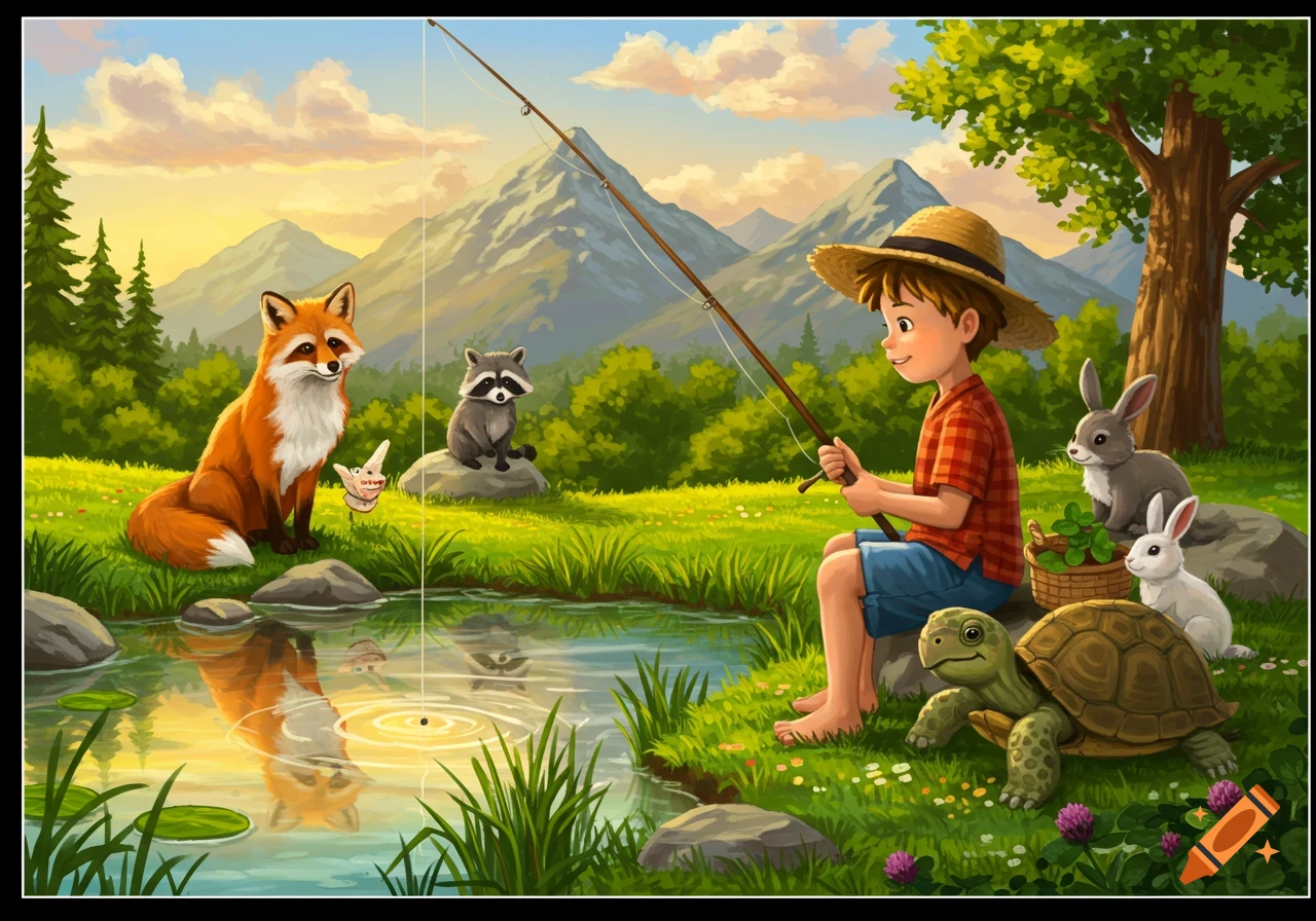 Cartoon illustration of a boy fishing in a pond with a fox, raccoon, rabbits, and a turtle nearby, set against mountains at sunset.
