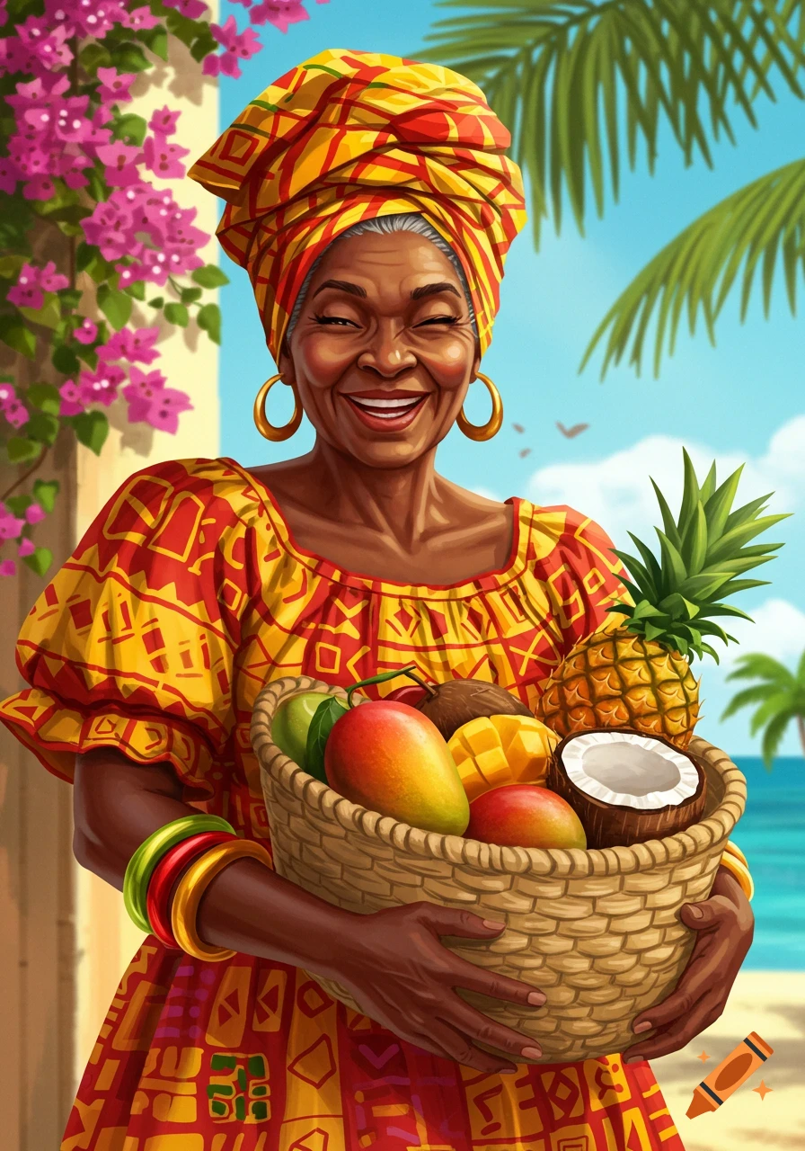 Smiling older Black woman in traditional colorful dress and headwrap, holding a basket of tropical fruits with a tropical beach background in a vibrant illustration.